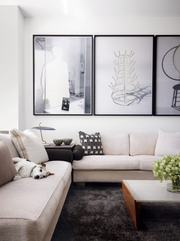Modern living room with beige sofas, black and white framed art, a relaxed dog, and a coffee table with flowers.
