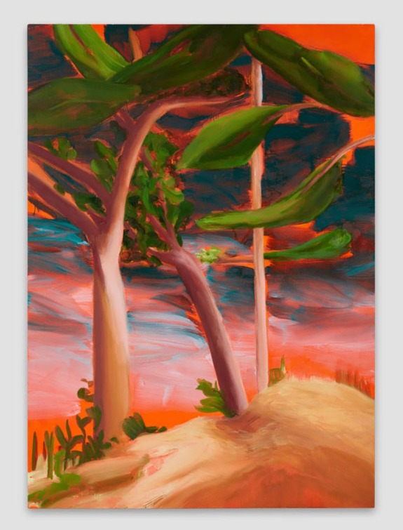 Colorful painting of abstract trees with thick trunks and large green leaves against a vibrant red and orange background.