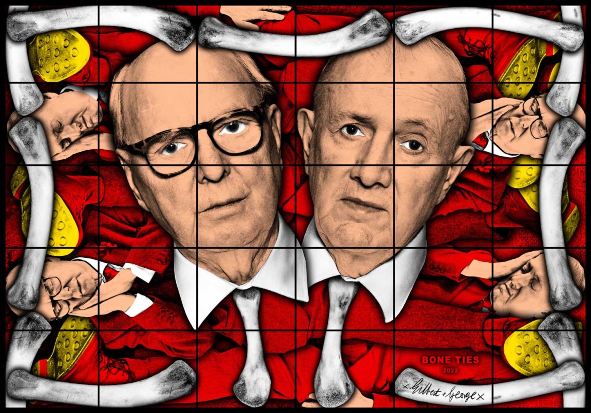 Colorful artwork featuring two men in suits surrounded by bones and red background in a grid pattern.