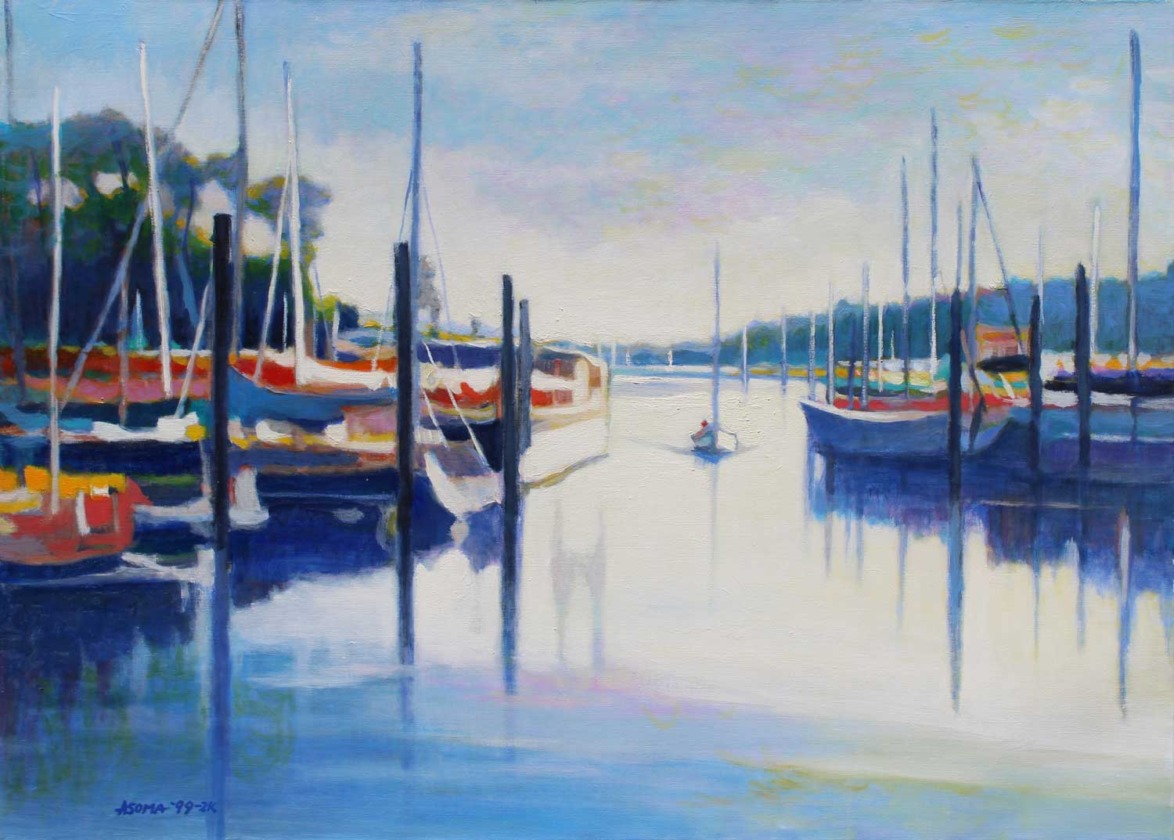 Impressionist painting of a serene marina with sailboats reflecting on calm water under a soft sky at sunset.