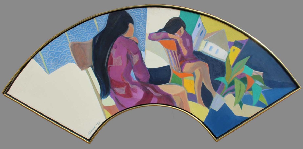 Abstract painting of two women sitting, one facing forward and one turned away, with vibrant colors and geometric shapes.