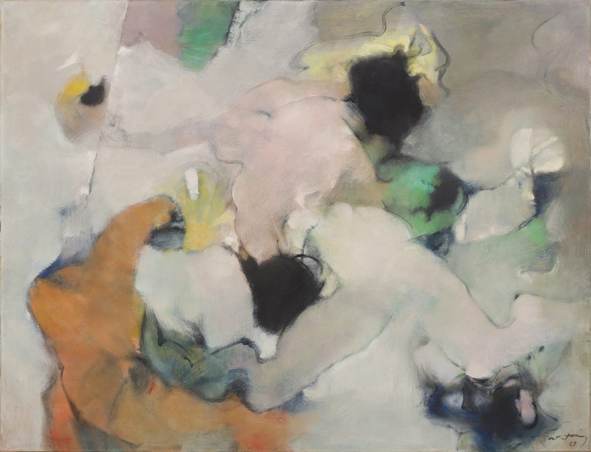 Abstract painting with swirling colors of orange, green, black, and white, depicting a dynamic and fluid composition.