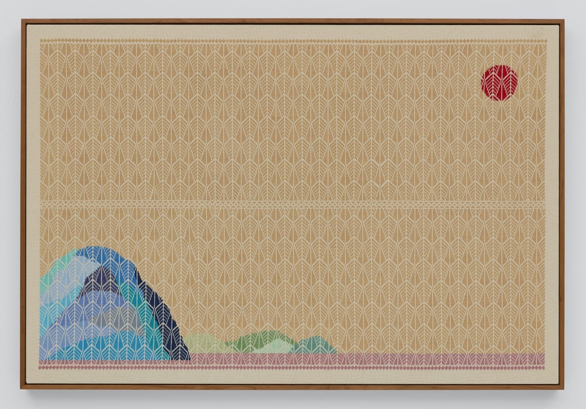 Abstract artwork with a repetitive pattern, featuring a red sun in the top right and multicolored shapes in the bottom left.