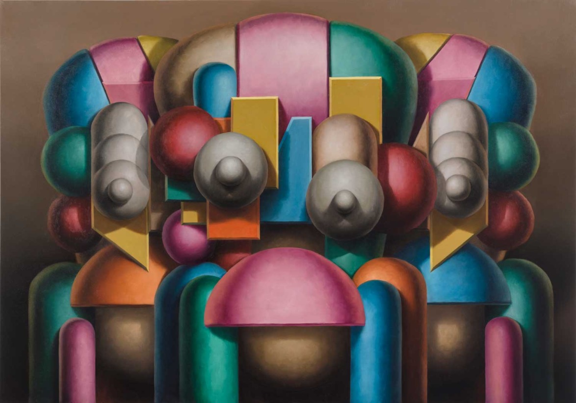 Colorful abstract painting with geometric shapes, including spheres, rectangles, and cylinders, arranged in a harmonious pattern.
