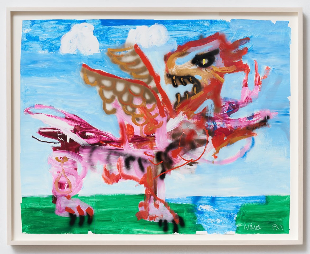 Colorful abstract painting of a winged creature with vibrant pink and red hues, set against a blue sky and green landscape.