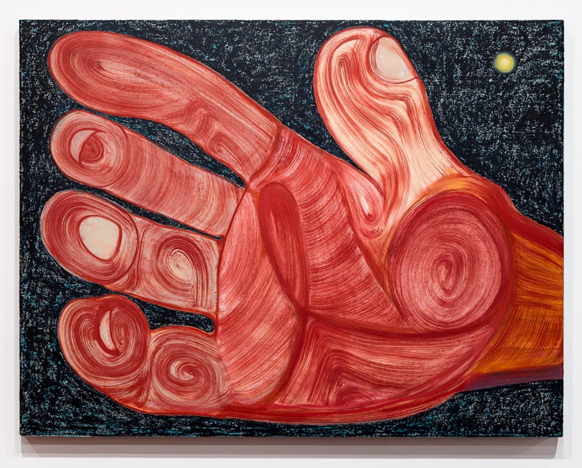Abstract painting of a large red hand with swirling patterns against a dark starry background with a small yellow circle.