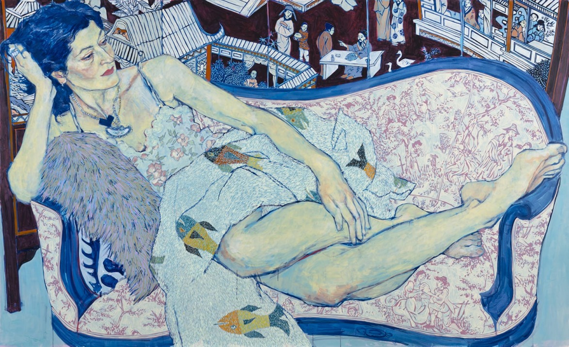Painting of a woman lounging on a vintage sofa, wearing a patterned dress, with detailed scenes in the background.