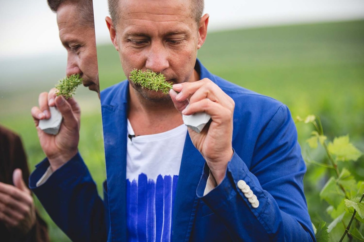 Man in a blue blazer smelling green herbs in a field, standing beside a mirror reflecting his image.