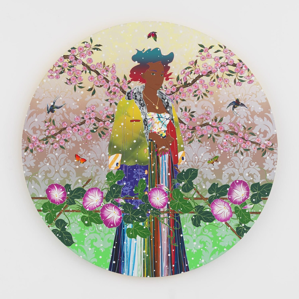 Colorful illustration of a person in vibrant clothing against a floral background with birds, butterflies, and blossoms.