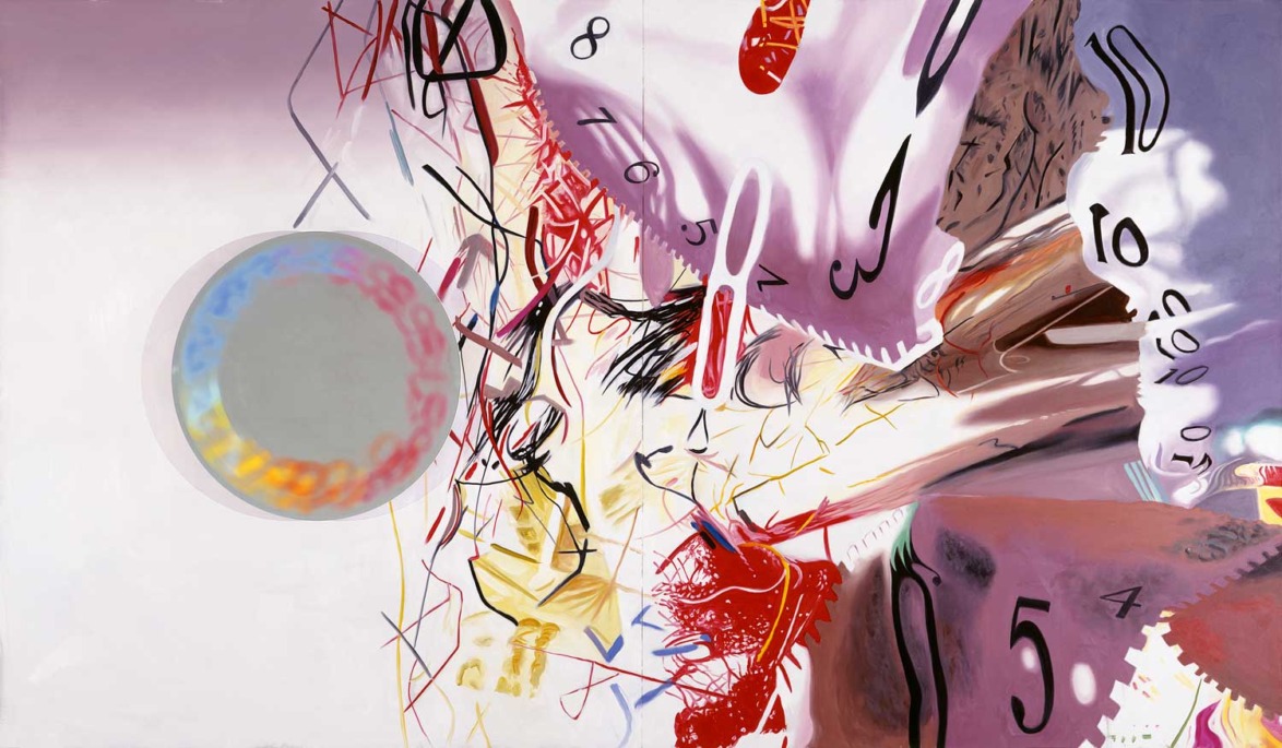 Abstract painting featuring scattered numbers, vivid colors, and dynamic brushstrokes creating an energetic and chaotic composition.
