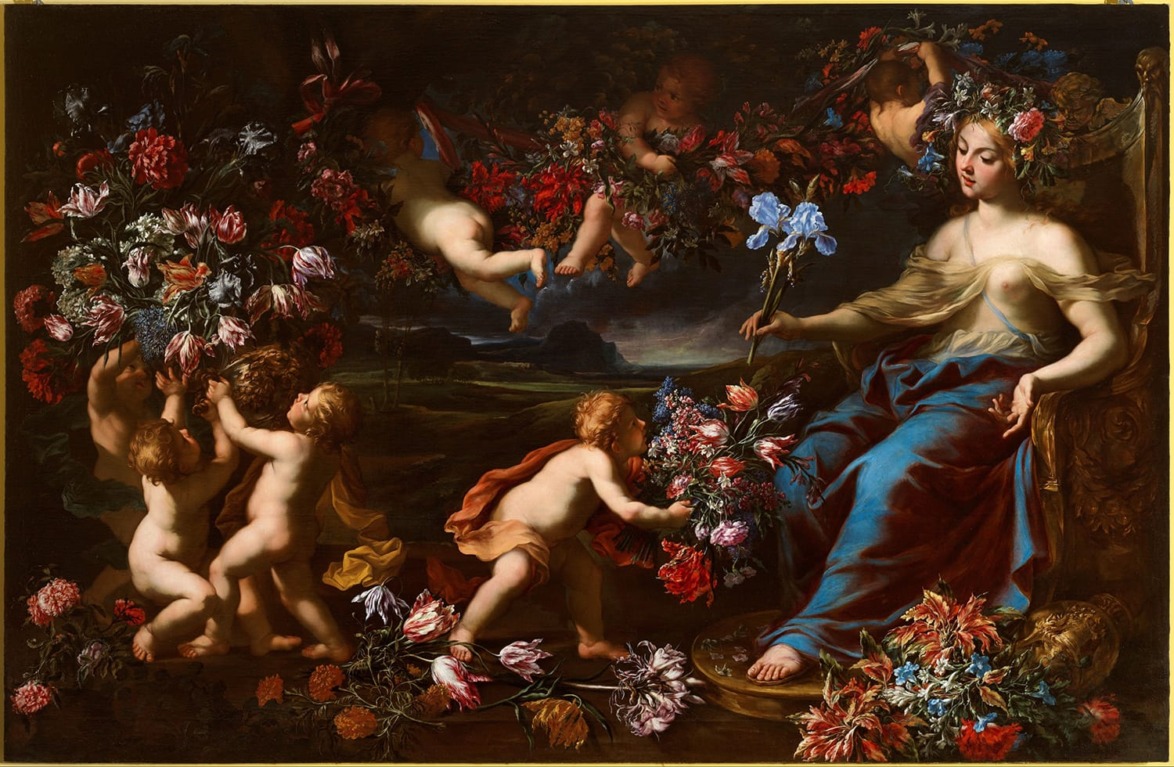 A regal woman with floral crown sits amidst cherubs and vibrant flowers in a classical, lush landscape.