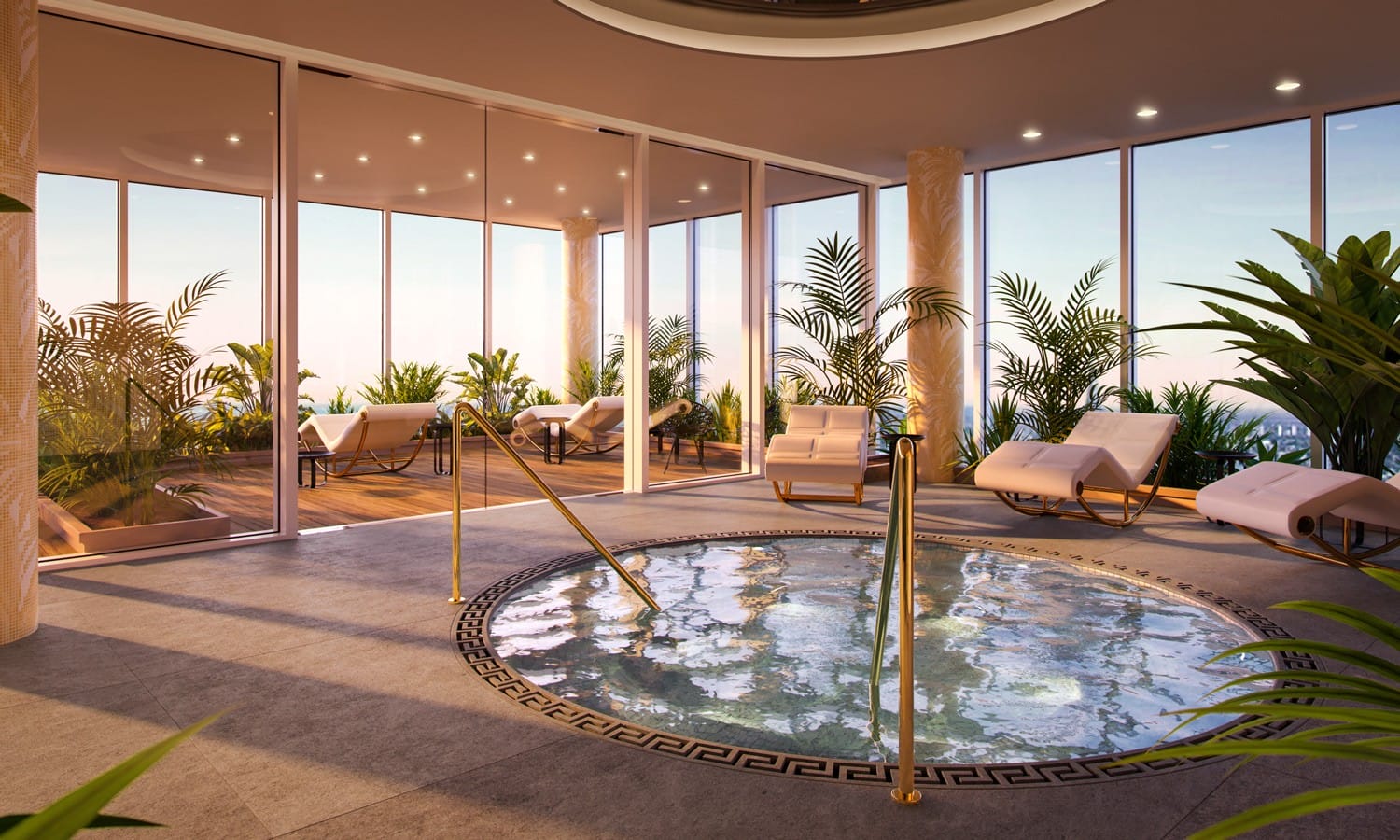 Luxurious indoor spa with circular whirlpool, surrounded by lounge chairs and lush plants, large windows with city view.