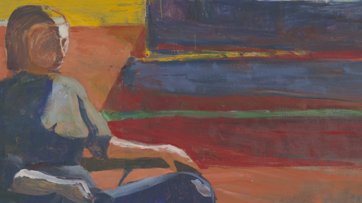 Painting of a person seated in a chair with a vibrant abstract background of red, blue, yellow, and green colors.