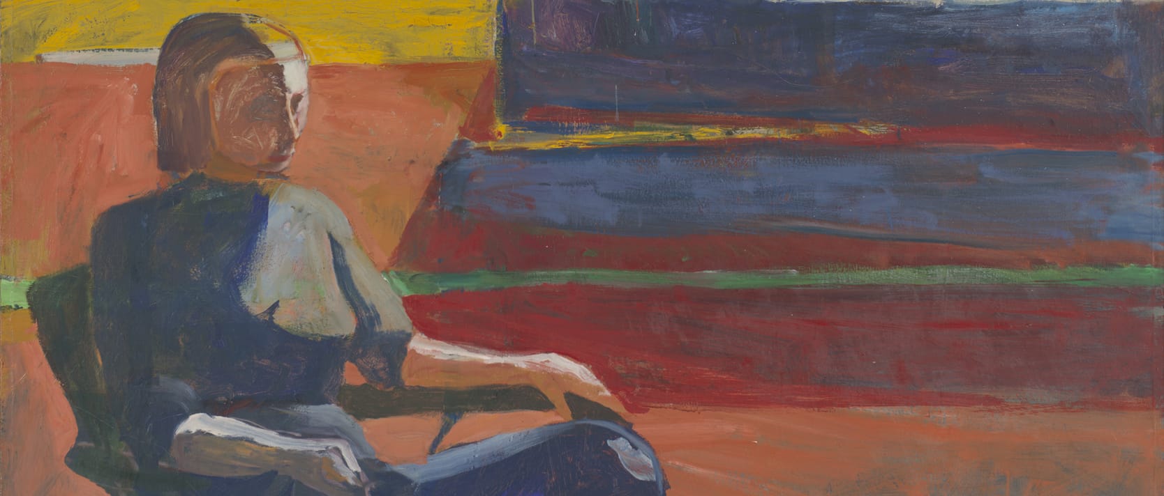 Painting of a person seated in a chair with a vibrant abstract background of red, blue, yellow, and green colors.