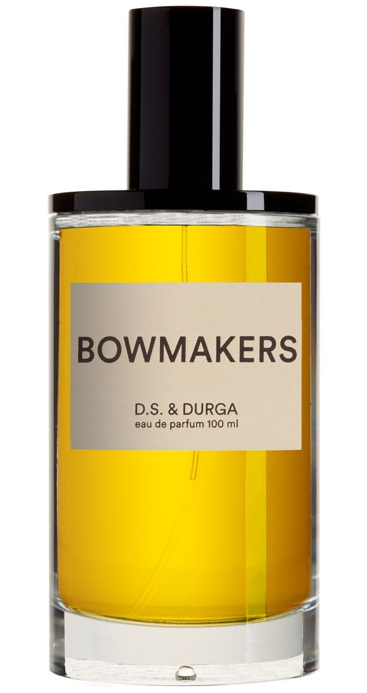 Bottle of Bowmakers perfume by D.S. & Durga, filled with golden liquid, labeled as eau de parfum 100 ml.