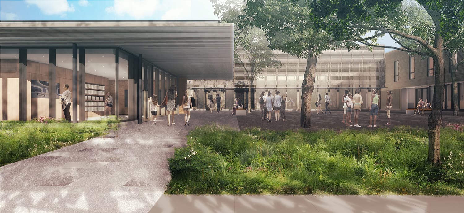 Modern courtyard scene with people gathered outside a contemporary building, surrounded by greenery and trees.