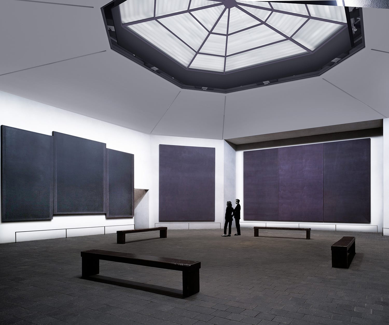 Modern art gallery featuring large abstract paintings with two visitors observing the artwork under a skylight.