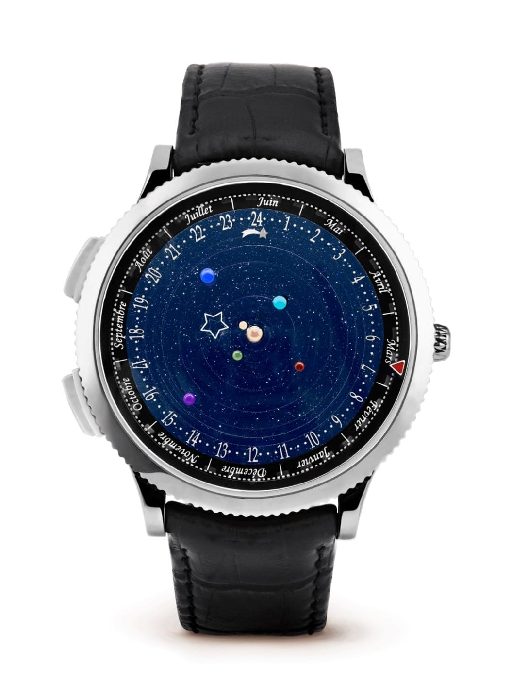 Luxury watch with a celestial-themed face depicting planets and stars, featuring a black leather strap and silver casing.