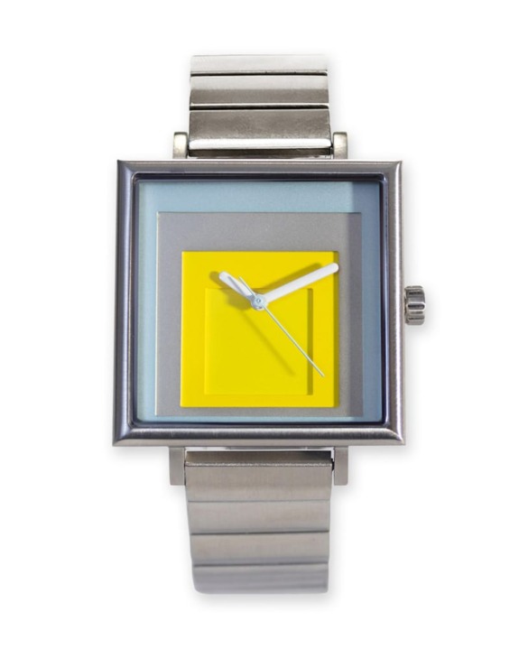 Square wristwatch with silver band, featuring a unique yellow geometric design on the face and minimalist hands.