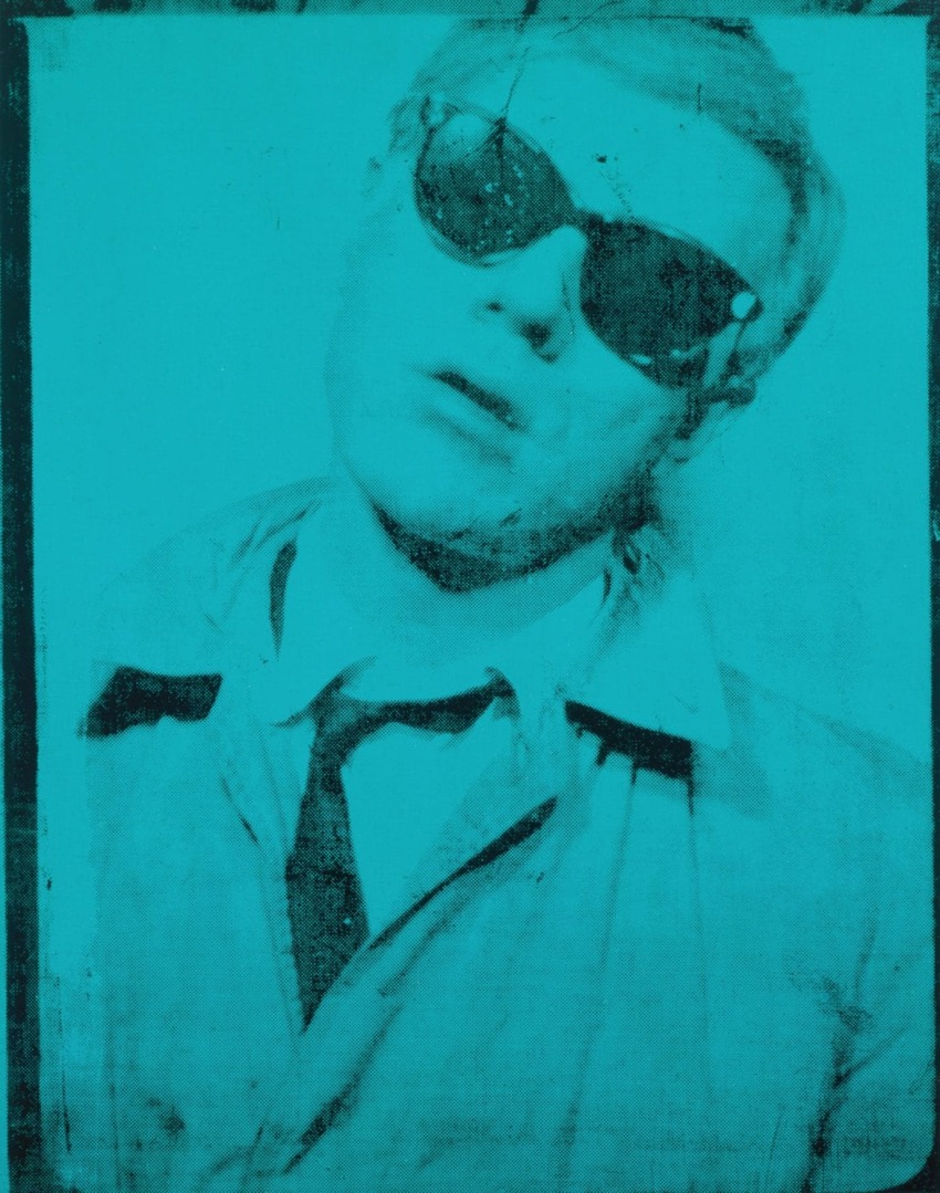 Artwork of a person wearing sunglasses, depicted in a turquoise color scheme with textured details.