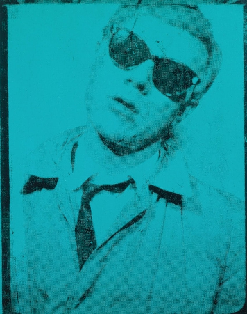 Artwork of a person wearing sunglasses, depicted in a turquoise color scheme with textured details.