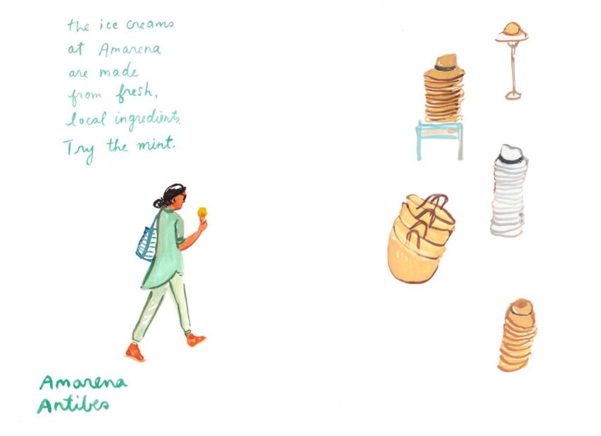 Illustration of a person holding ice cream, surrounded by hats and a text about Amarena Antibes ice cream ingredients.