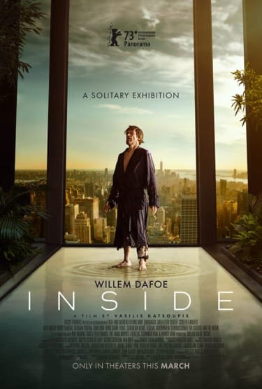 Movie poster for "Inside" featuring a person in a robe standing in a luxurious room overlooking a cityscape.