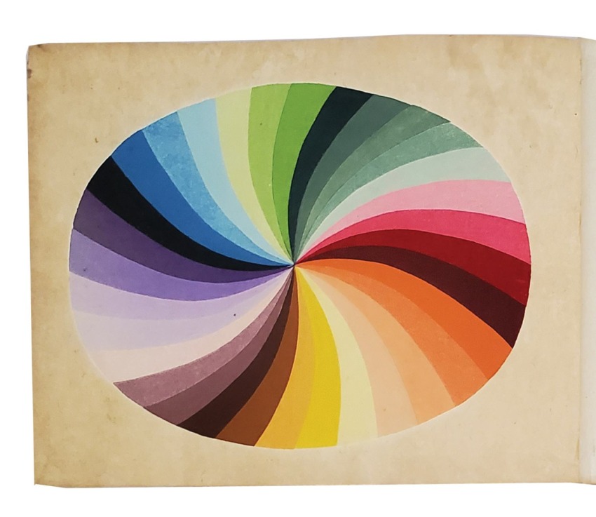 Color wheel illustration with various shades arranged in a circular pattern on a textured beige background.