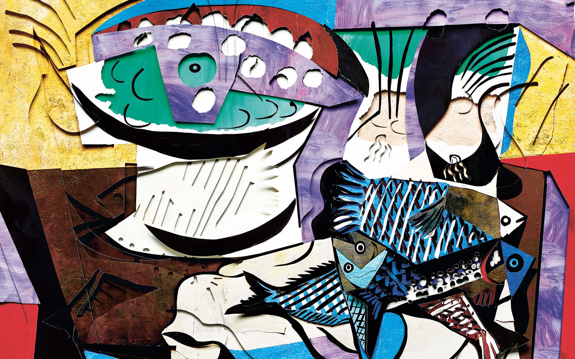 Abstract cubist painting featuring an assortment of vibrant shapes, fish, and dynamic lines in a colorful composition.