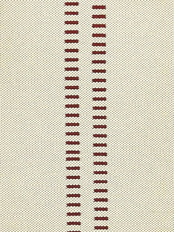 Knitted fabric with vertical red and white stripe pattern on a beige background.