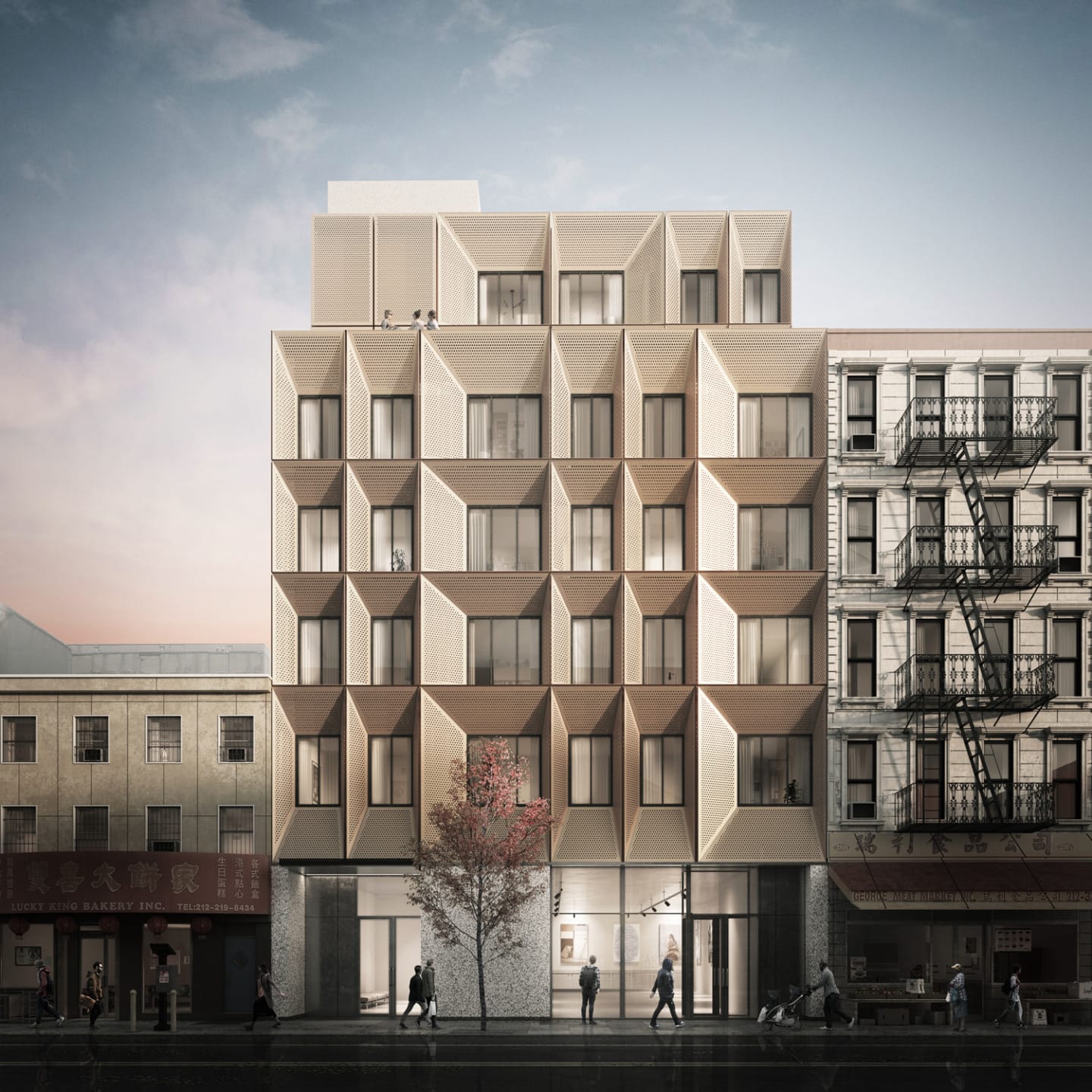 Modern multi-story building with geometric facade featuring large windows and street-level entrance, situated between older buildings.