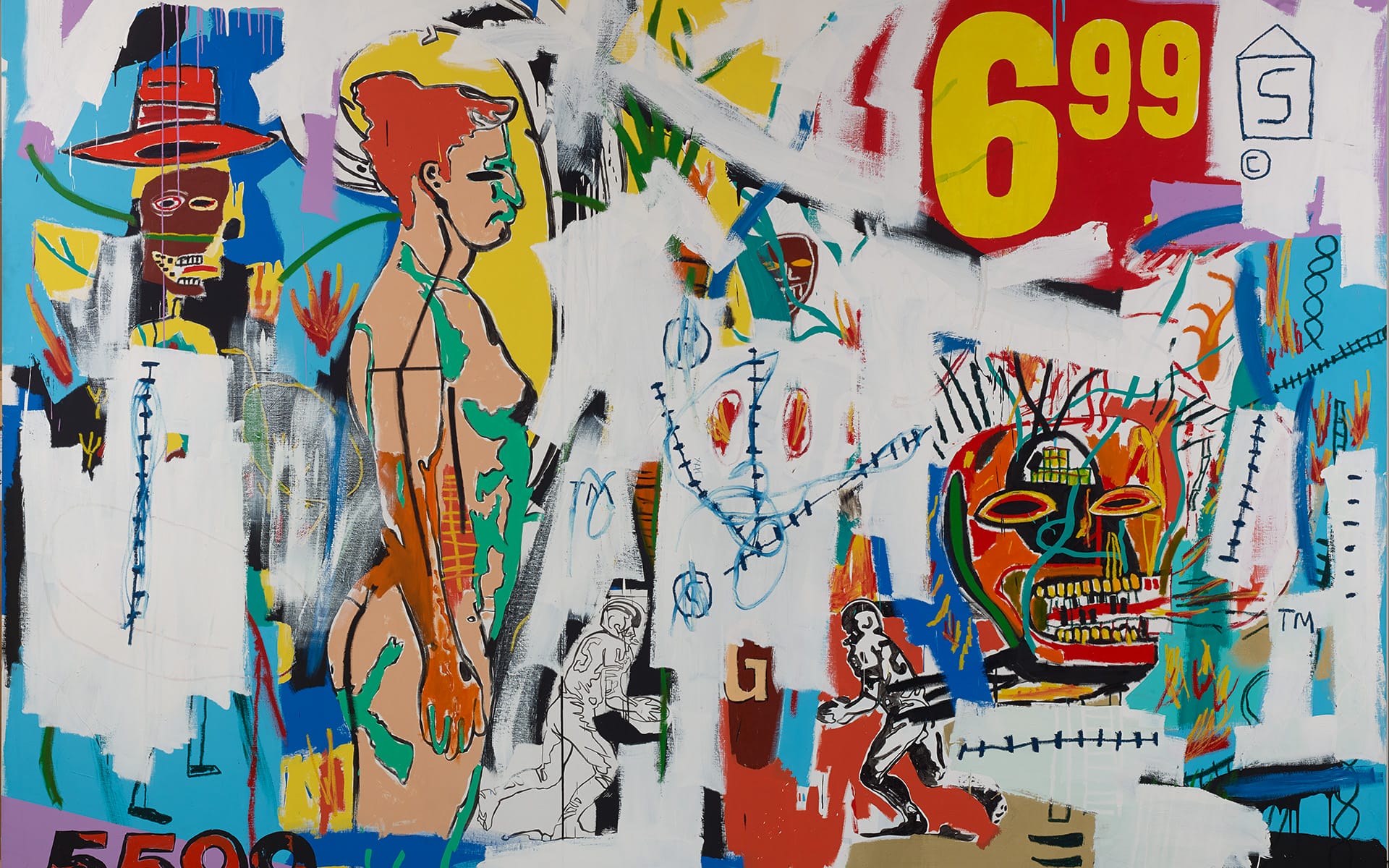 Colorful abstract painting with vibrant figures, numbers, and shapes in a dynamic composition.