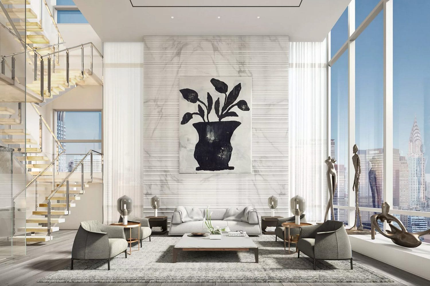 Modern living room with large abstract plant artwork, marble wall, floor-to-ceiling windows, and stylish furniture.