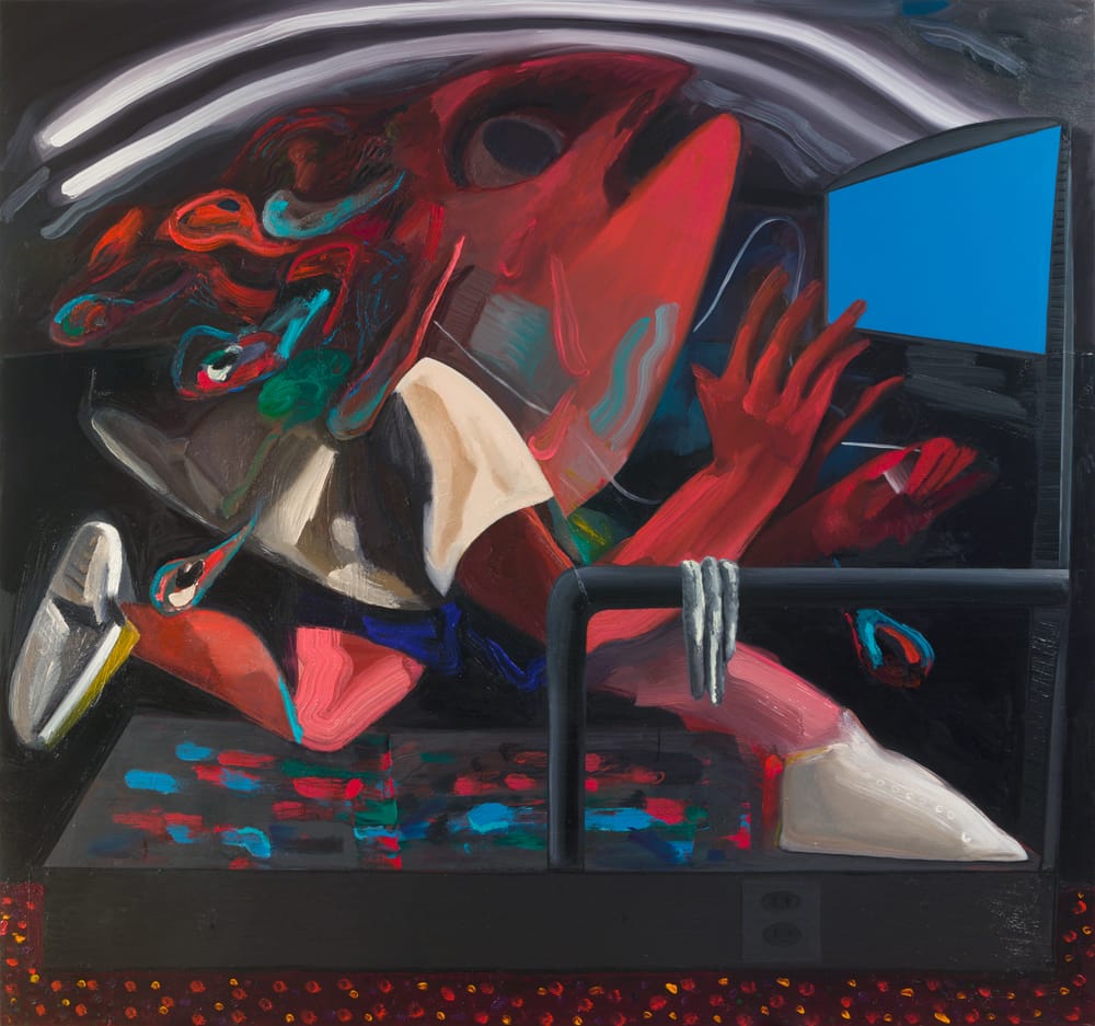 Abstract painting of a figure with dynamic colors and forms, featuring red and blue elements in a movement-inspired composition.