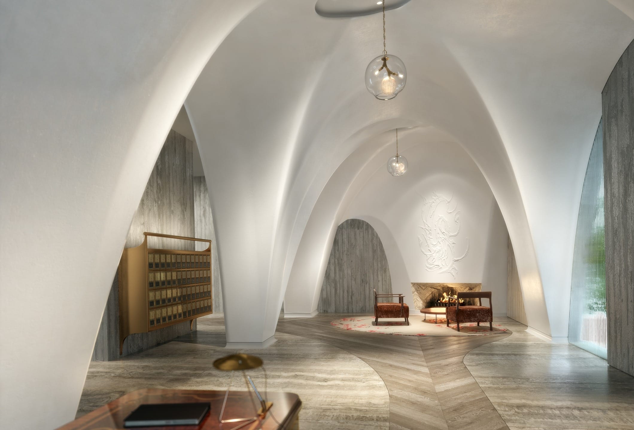 Modern lobby with sculptural white arches, mid-century furniture, a fireplace, and stylish lighting fixtures.