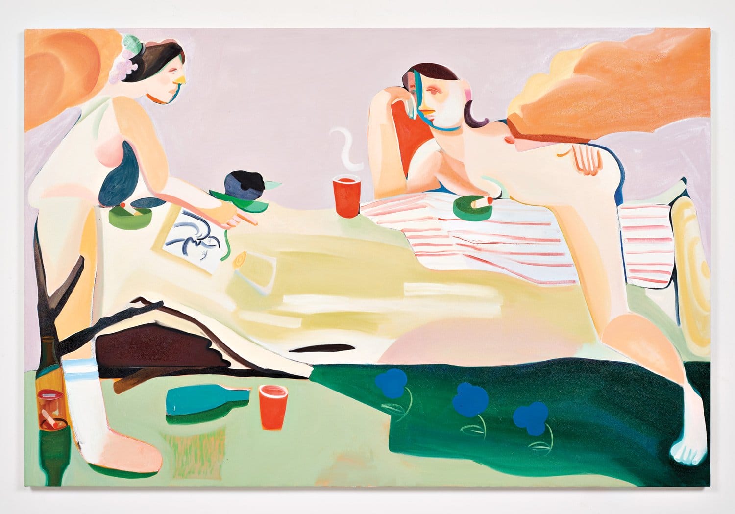 Colorful abstract painting of two figures lounging with bottles, cups, and flowers on green grass and a blanket.