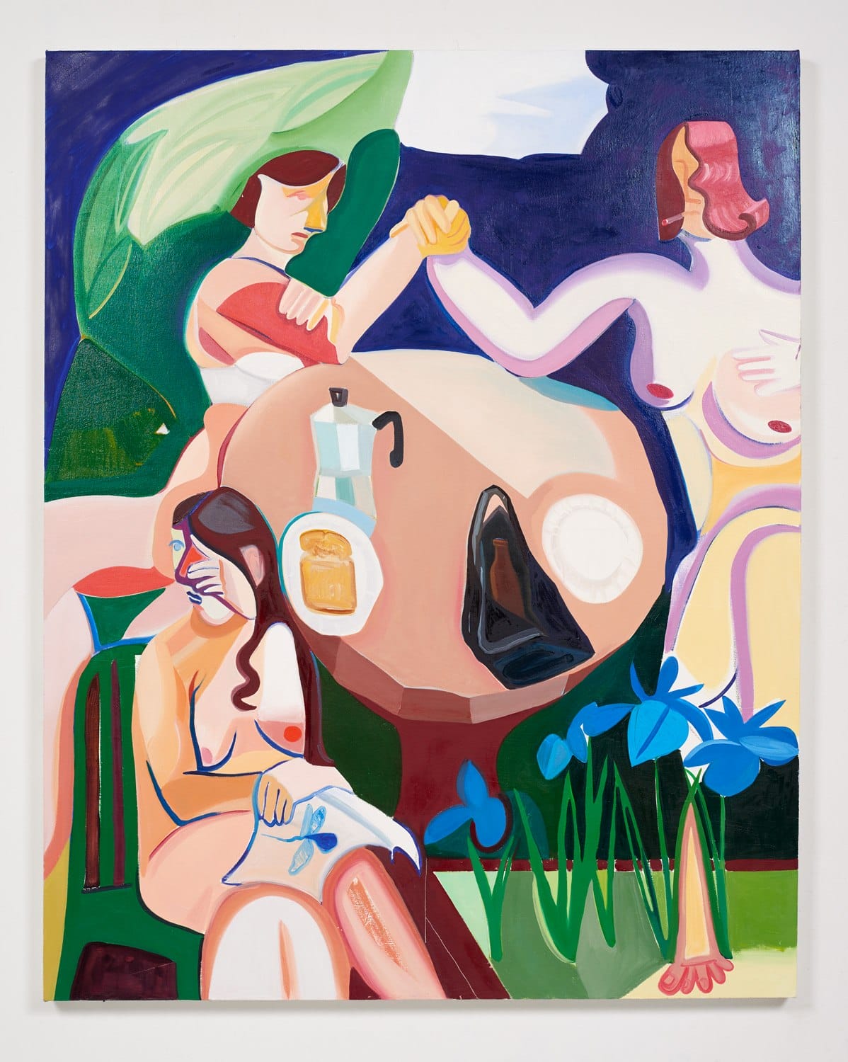 Abstract painting with stylized figures, a table with a coffee pot, bread, and vibrant colors.