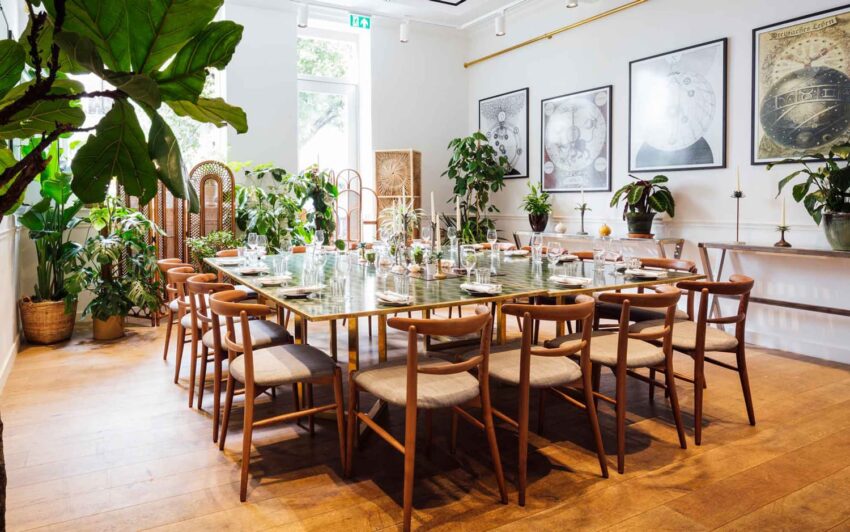 Stylish dining room with elegant table setting, surrounded by wooden chairs and lush green plants.