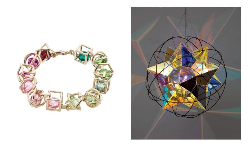 Colorful geometric bracelet and star-shaped hanging decor against a patterned background.