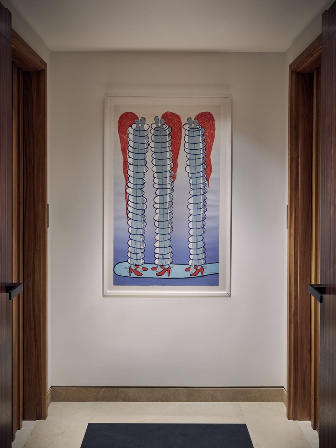 Artwork of three elongated figures with red shoes and red hair in a hallway, framed by wooden doorposts.