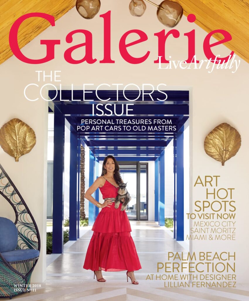 Woman in red dress with dog, standing in luxurious entrance, featuring sculptures, architecture, and palm tree-inspired decor.