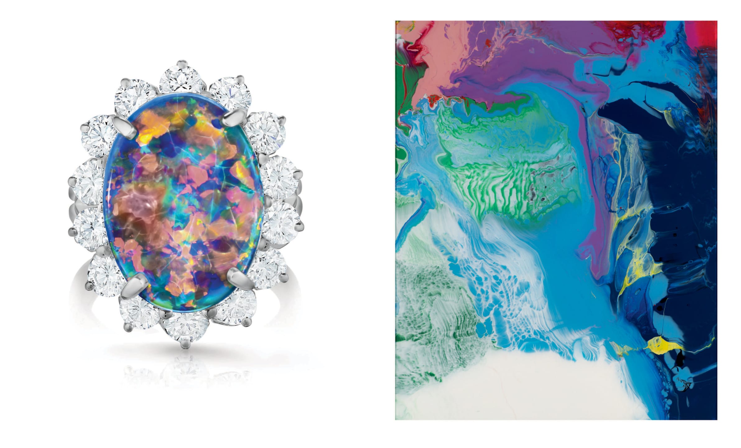 Opal ring with diamond halo on the left, abstract colorful paint design on the right.