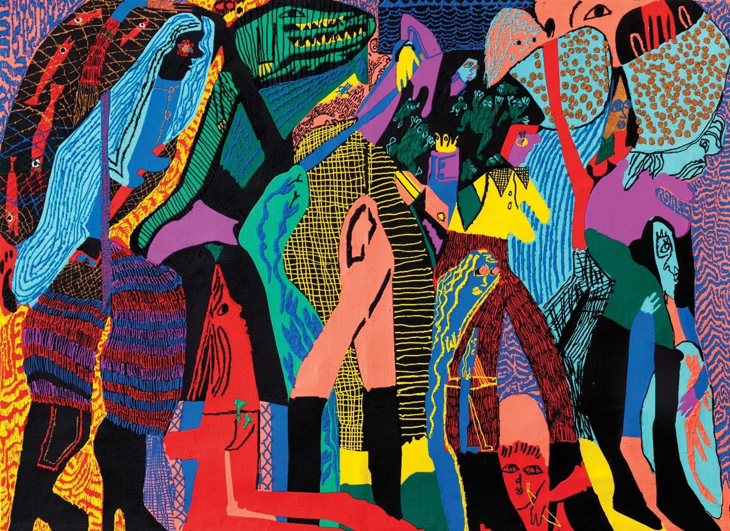 Colorful abstract painting with overlapping figures and shapes, featuring bold patterns and vibrant hues.