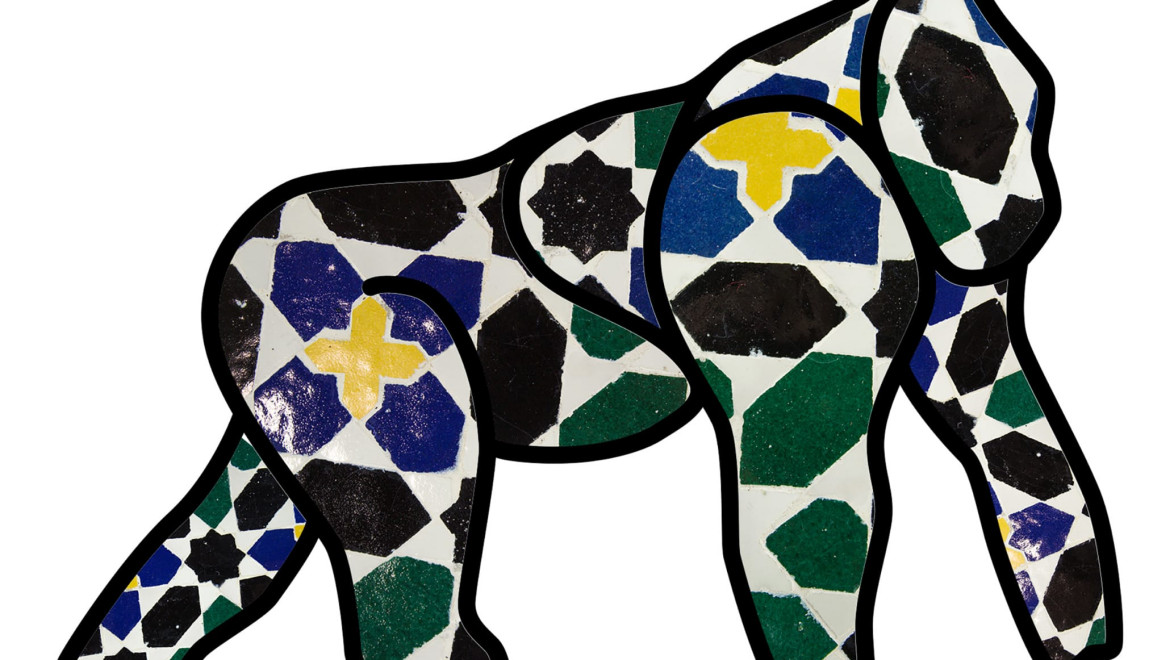Mosaic artwork of a gorilla composed of colorful geometric shapes including blue, green, yellow, and black patterns.