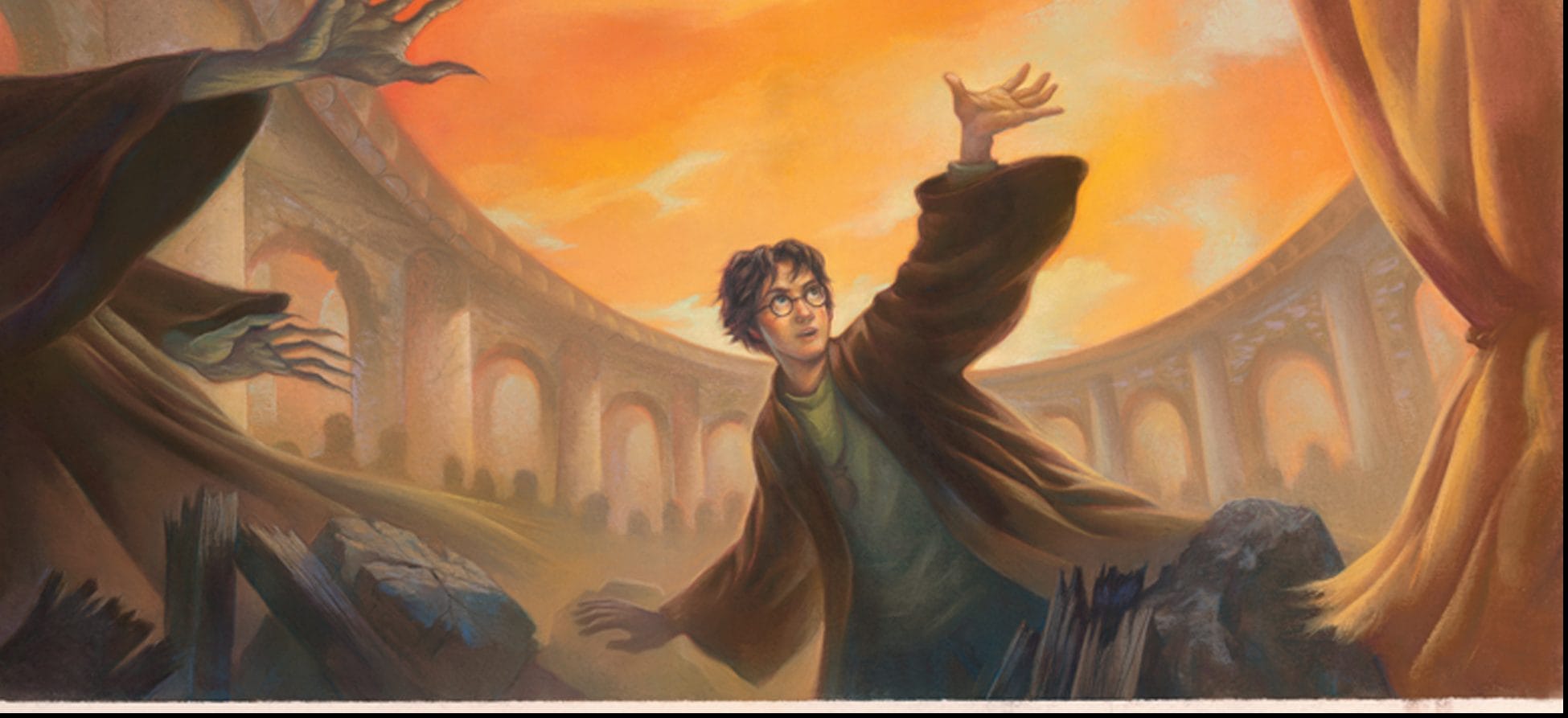 Person with glasses in a robe and a wand in hand surrounded by rubble in a large arena setting with an orange sky.