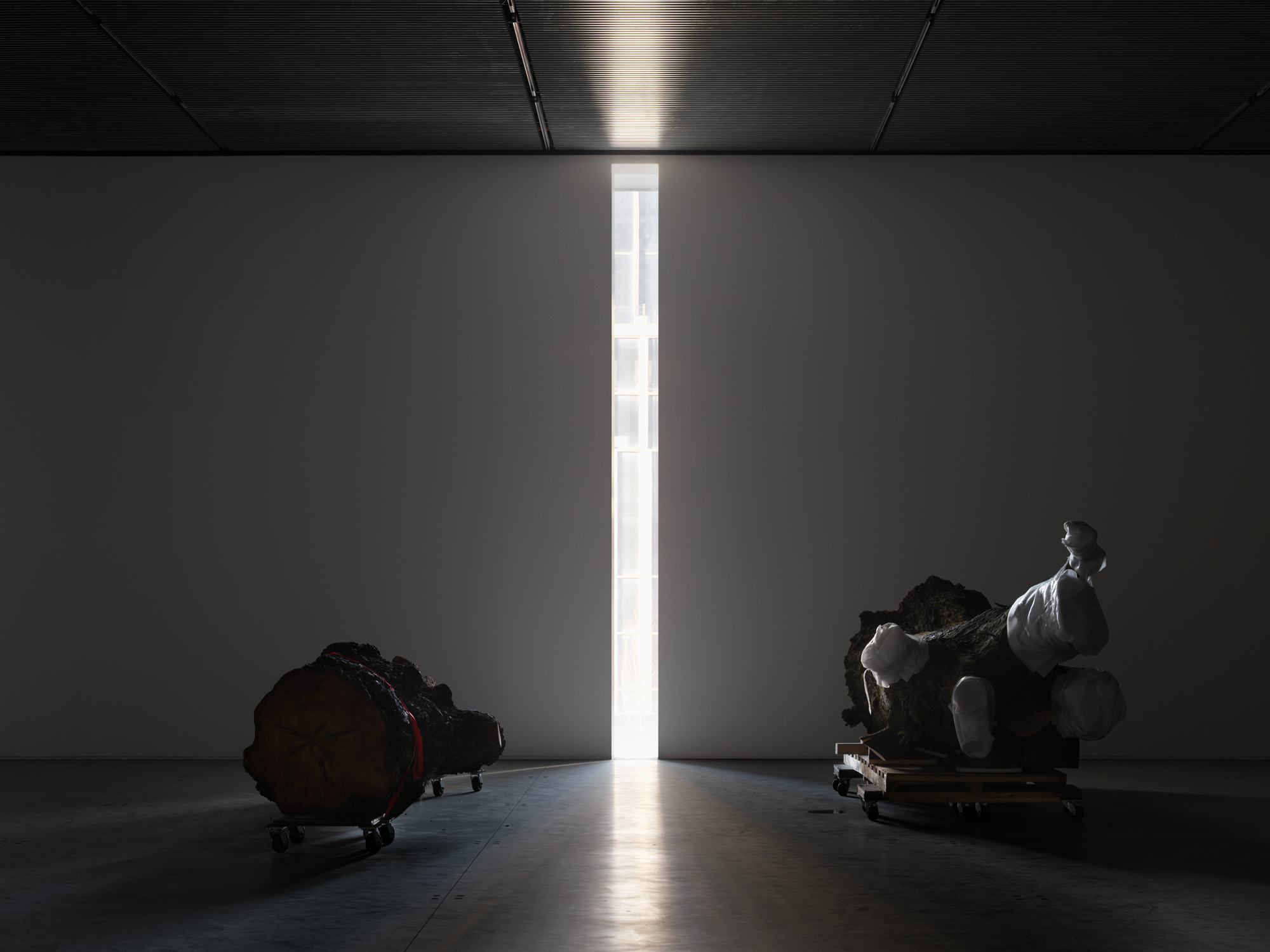 Dimly lit room with a tall, narrow slit of light between two abstract sculptures on wheeled platforms.