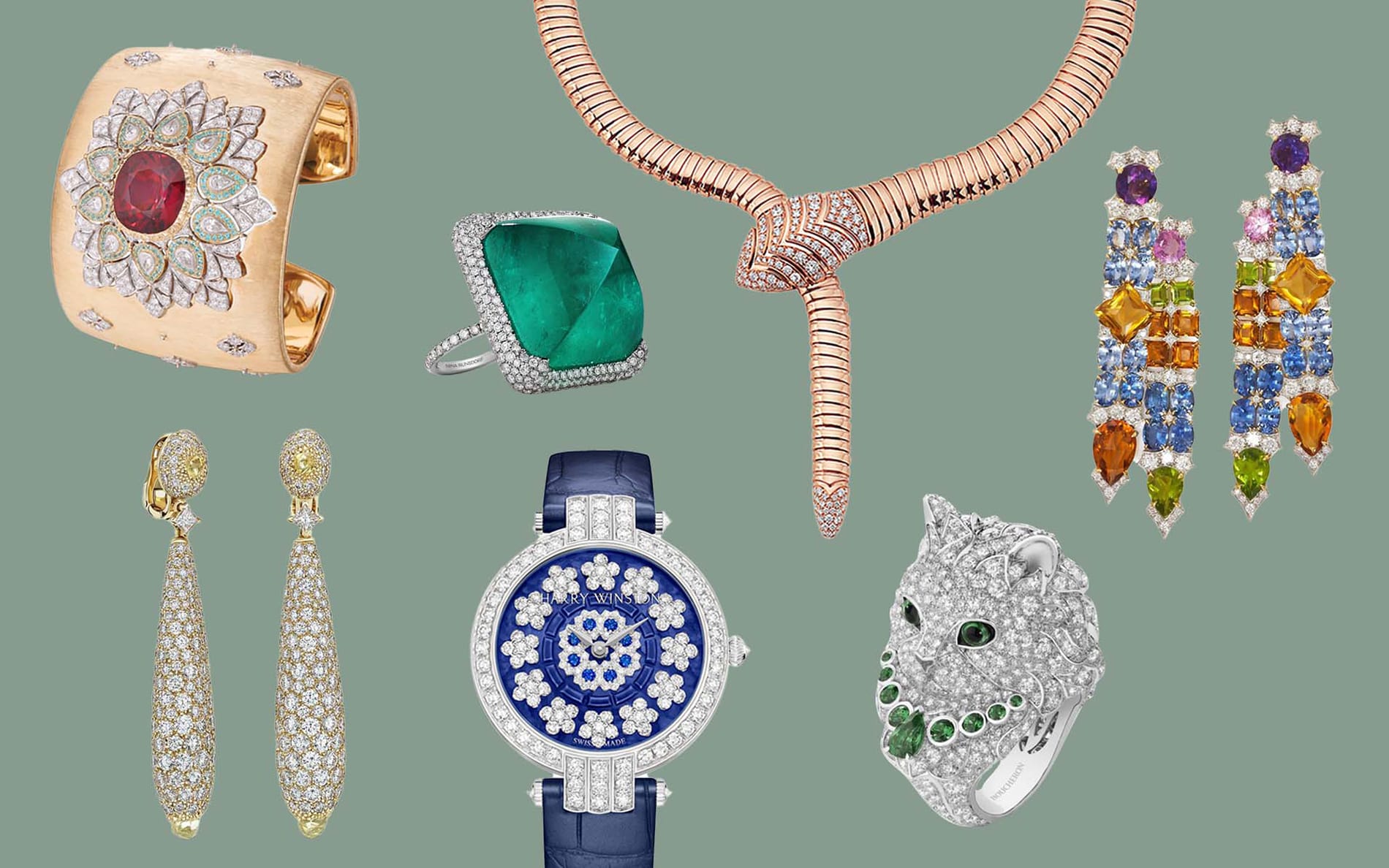 A collection of luxury jewelry, including earrings, bracelets, a watch, and rings with gemstones on a green background.