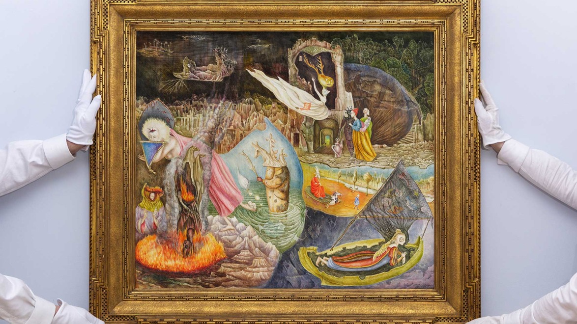 Gloved hands holding a framed surreal painting featuring a dreamlike landscape with strange creatures and vivid colors.