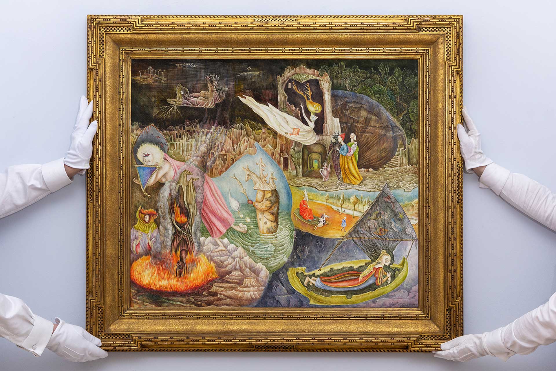 Gloved hands holding a framed surreal painting featuring a dreamlike landscape with strange creatures and vivid colors.