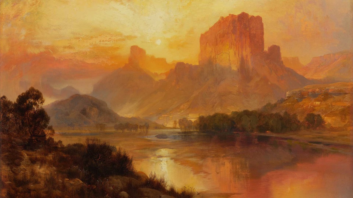 Sunset over a serene river with mountains in the background, casting a warm, golden glow on the water and landscape.